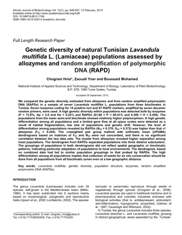 Genetic Diversity of Natural Tunisian Lavandula Multifida L