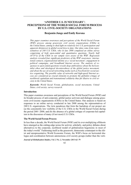 PERCEPTIONS of the WORLD SOCIAL FORUM PROCESS by US CIVIL-SOCIETY ORGANIZATIONS Benjamin