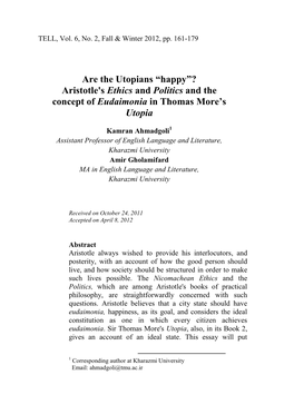 Aristotle's Ethics and Politics and the Concept of Eudaimonia in Thomas More’S Utopia