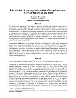 Introduction À La Pragmatique Des Effets Génériques: L'horreur Dans Tous Ses États