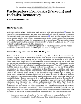 Participatory Economics (Parecon) and Inclusive Democracy - TAKIS FOTOPOULOS