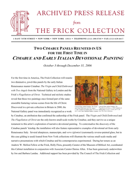 ARCHIVED PRESS RELEASE from the FRICK COLLECTION