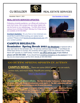 CU BOULDER CAMPUS HOLIDAYS: Reminder: Spring Break 2021 For