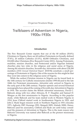 Trailblazers of Adventism in Nigeria, 1900S-1930S
