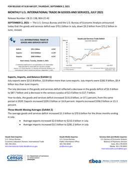 Monthly U.S. International Trade in Goods and Services, July 2021