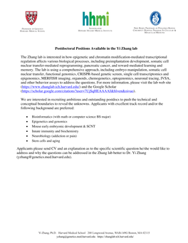 Postdoctoral Positions Available in the Yi Zhang Lab the Zhang Lab