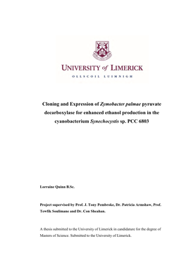 Cloning and Expression of Zymobacter Palmae Pyruvate Decarboxylase for Enhanced Ethanol Production in the Cyanobacterium Synechocystis Sp