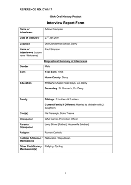 GAA Oral History Project Interview Report Form