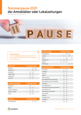 Sommerpause 2021 Der Amtsblätter Oder Lokalzeitungen Stand: 05/2021 | Ergänzungen Und Änderungen Vorbehalten
