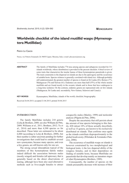 Worldwide Checklist of the Island Mutillid Wasps (Hymenop- Tera Mutillidae)