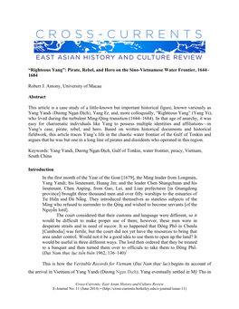 “Righteous Yang”: Pirate, Rebel, and Hero on the Sino-Vietnamese Water Frontier, 1644– 1684