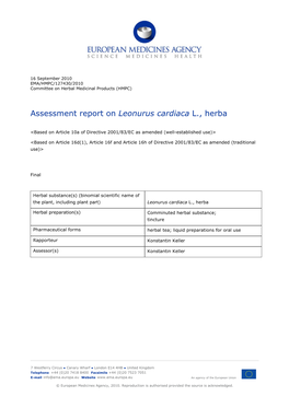 Assessment Report on Leonurus Cardiaca L., Herba