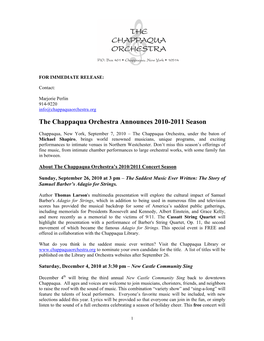 The Chappaqua Orchestra Announces 2010-2011 Season