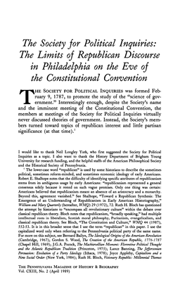 The Society Jor Political Inquiries: the Limits of Republican Discourse in Philadelphia on the Eve Oj the Constitutional Convention