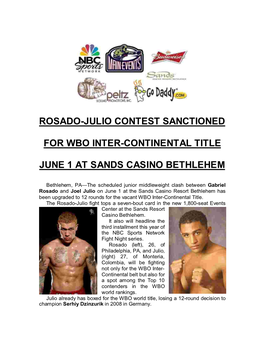 Rosado-Julio Contest Sanctioned for Wbo Inter