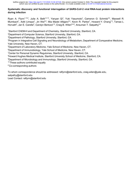 Systematic Discovery and Functional Interrogation of SARS-Cov-2 Viral RNA-Host Protein Interactions During Infection