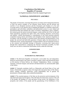 Constitution of the Bolivarian Republic of Venezuela (In English Translation from the Original Legal Text)