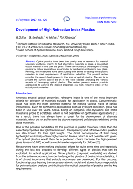 Development of High Refractive Index Plastics