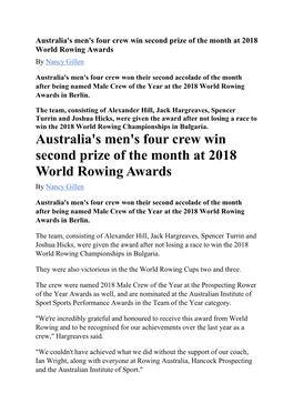 Australia's Men's Four Crew Win Second Prize of the Month at 2018 World Rowing Awards by Nancy Gillen