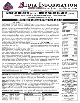 Edia Informationmedia Relations Department 198 Union Avenue | Memphis, Tennessee 38103 | Phone: 901.722.0293 | | @Memphisredbirds