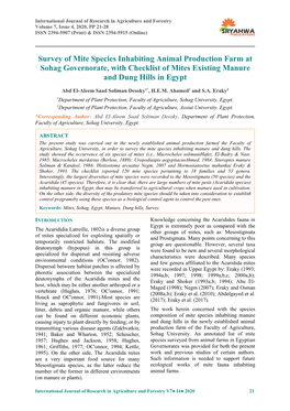 Survey of Mite Species Inhabiting Animal Production Farm at Sohag Governorate, with Checklist of Mites Existing Manure and Dung Hills in Egypt