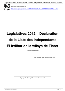 Législatives 2012 Déclaration De La Liste Des Indépendants El Izdihar De La Wilaya De Tiaret