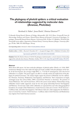 The Phylogeny of Pholcid Spiders 51 Doi: 10.3897/Zookeys.789.22781 RESEARCH ARTICLE Launched to Accelerate Biodiversity Research