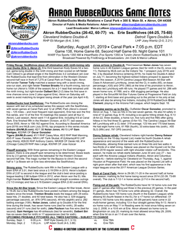 AKRON RUBBERDUCKS GAME NOTES Akron Rubberducks Media Relations ● Canal Park ● 300 S