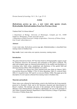 Article Hydrodroma Persica Sp. Nov., a New Water Mite Species (Acari