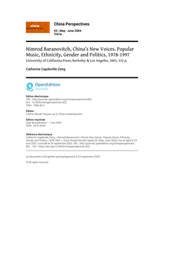 China Perspectives, 53 | May- June 2004 Nimrod Baranovitch, China’S New Voices