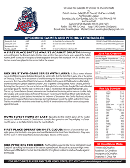 UPCOMING GAMES and PITCHING PROBABLES Monday, July 22Nd @WAT 6:35 PM St