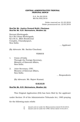 Devyani Khobragade, D/O Sh.Uttam Khobragade, R/O B-21, MEA Residential Complex, Chanakyapuri, New Delhi. … Applicant (By Advoc