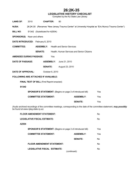 26:2K-35 LEGISLATIVE HISTORY CHECKLIST Compiled by the NJ State Law Library