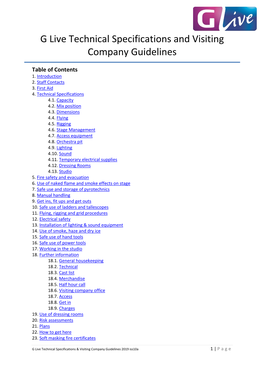 G Live Technical Specifications and Visiting Company Guidelines