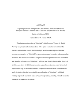 The Thematic Relationship Between George Whitefield's Sermons and a Collection of Hymns for Social Worship by Leslie A