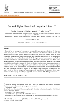 On Weak Higher Dimensional Categories I: Part 1 (