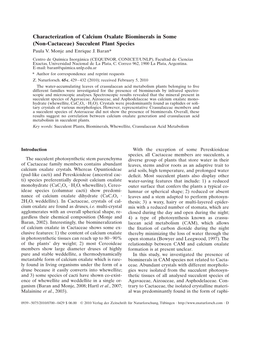 Characterization of Calcium Oxalate Biominerals in Some (Non-Cactaceae) Succulent Plant Species Paula V