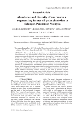 Abundance and Diversity of Anurans in a Regenerating Former Oil Palm Plantation in Selangor, Peninsular Malaysia