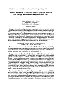Recent Advances in the Knowledge of Geology, Mineral and Energy Resources of Singapore Since 1981