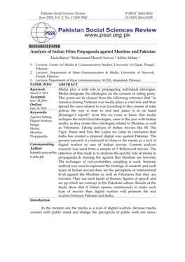 Analysis of Indian Films Propaganda Against Muslims and Pakistan Faiza Bajwa 1 Muhammad Haseeb Sarwar 2 Adiba Akhtar 3