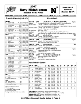Navy Midshipmen April 6-12 Baseball Media Notes (Games 32-37)