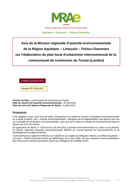 Avis De La Mission Régionale D'autorité Environnementale De La Région Aquitaine – Limousin – Poitou-Charentes Sur L'