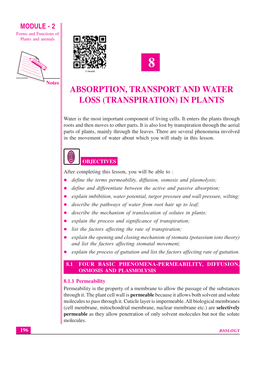 Absorption, Transport and Water Loss (Transpiration) in Plants