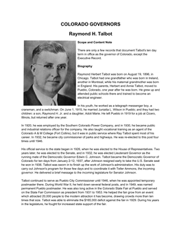 COLORADO GOVERNORS Raymond H. Talbot