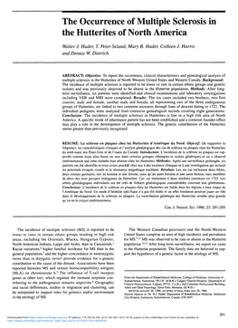 The Occurrence of Multiple Sclerosis in the Hutterites of North America Walter J