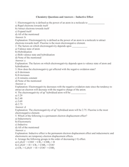 Chemistry Questions and Answers – Inductive Effect 1. Electronegativity Is Defined As the Power of an Atom in a Molecule To