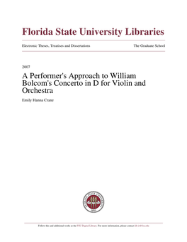 A Performer's Approach to William Bolcom's Concerto in D for Violin and Orchestra Emily Hanna Crane