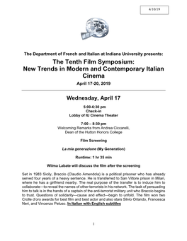 The Tenth Film Symposium: New Trends in Modern and Contemporary Italian Cinema April 17-20, 2019