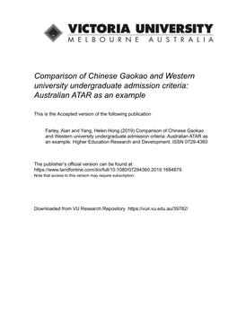 Comparison of Chinese Gaokao and Western University Undergraduate Admission Criteria: Australian ATAR As an Example