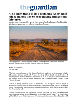 Restoring Aboriginal Place Names Key to Recognising